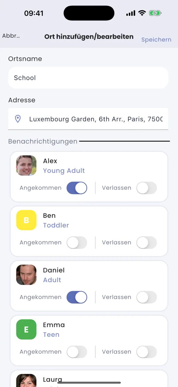 Ankunft/Verlassen-Alarme pro Mitglied