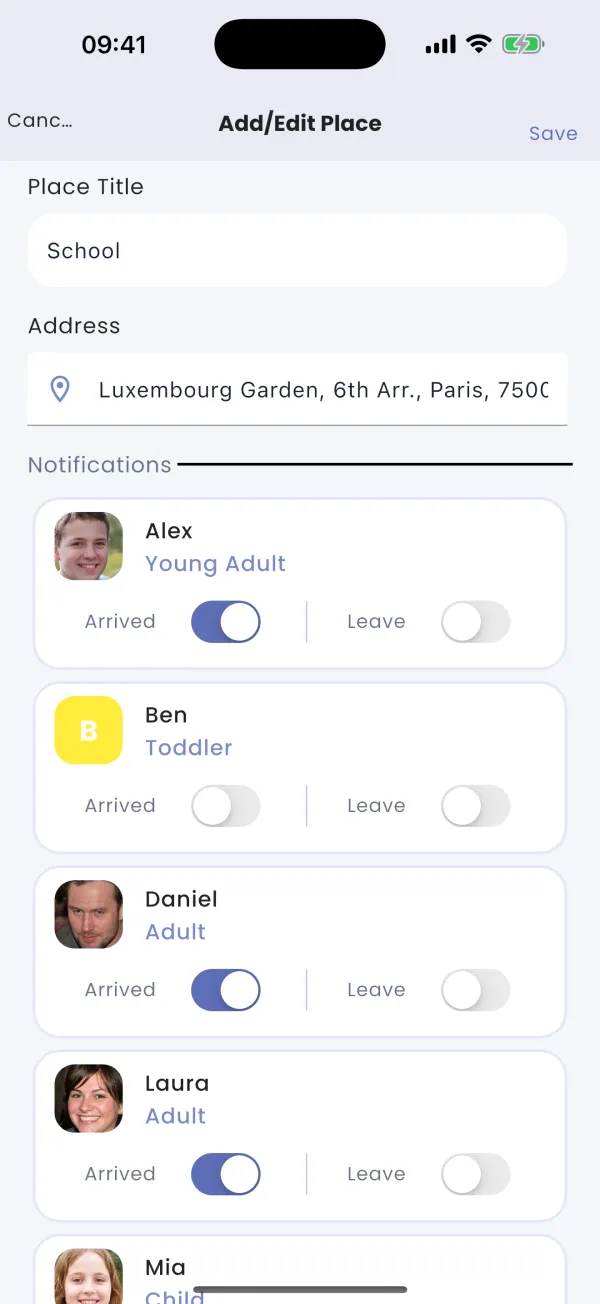 Arrive / leave alerts, per member