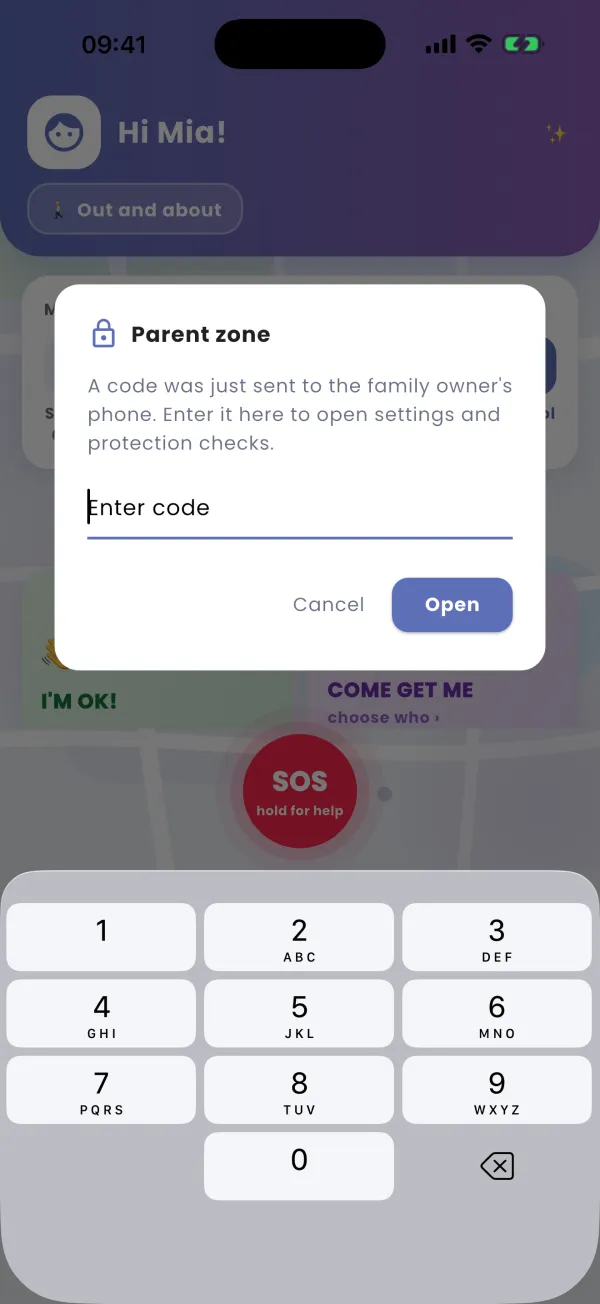 Parental gate: hold, then the code