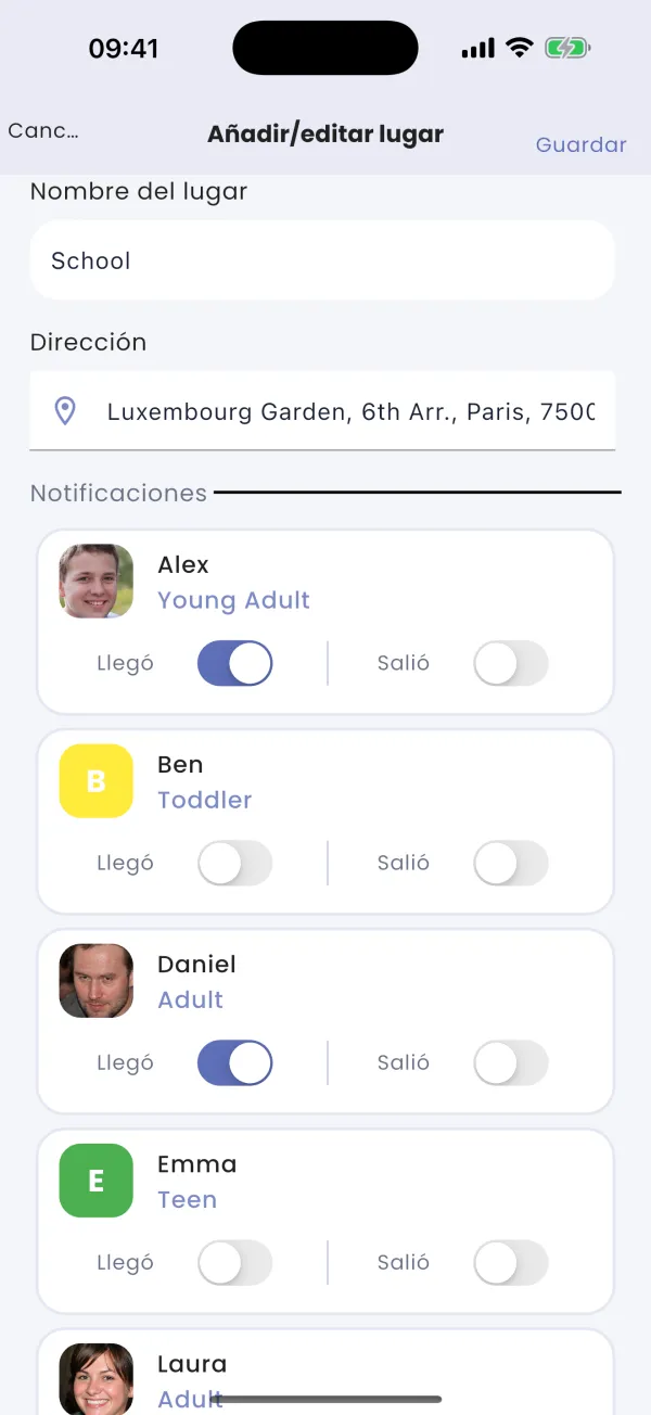 Alertas de llegada / salida, por miembro
