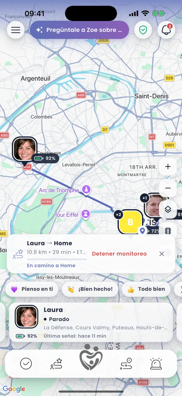 Monitorizando: en ruta, minutos restantes