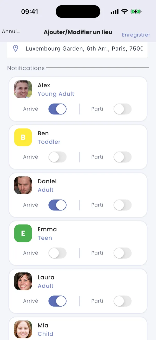 Alertes d'arrivée / départ, par membre