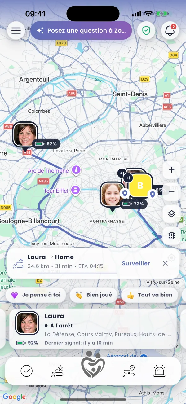 Trace en direct avec temps de route