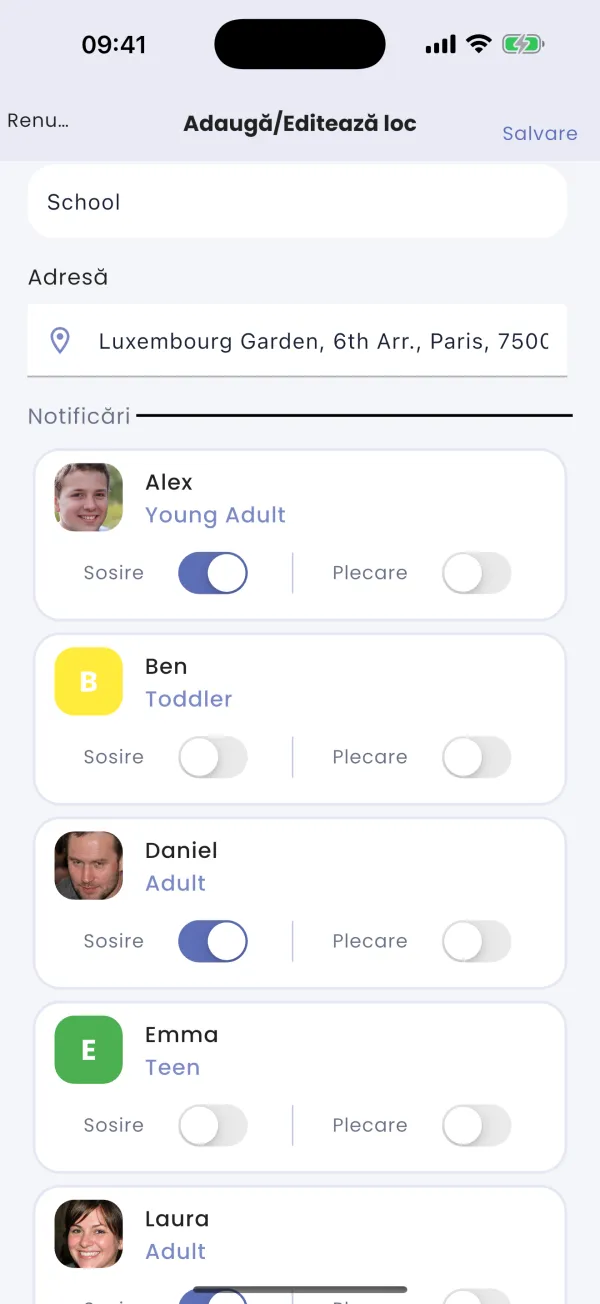 Alerte la sosire / plecare, per membru